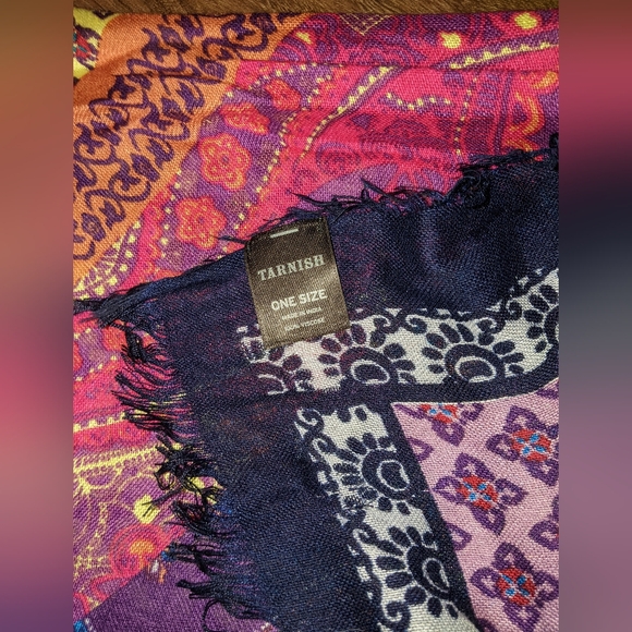 Tarnish - Large Square Paisley Patchwork Scarf - Coral, Navy, Purple, Yellow - Picture 14 of 14
